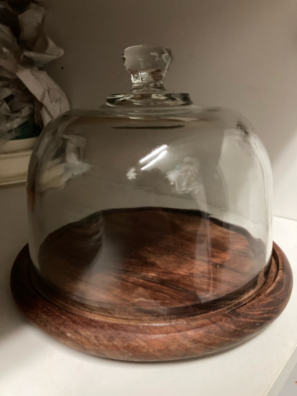 Vintage Glass Dome Cake Stand or charcuteries small with Wood Base -